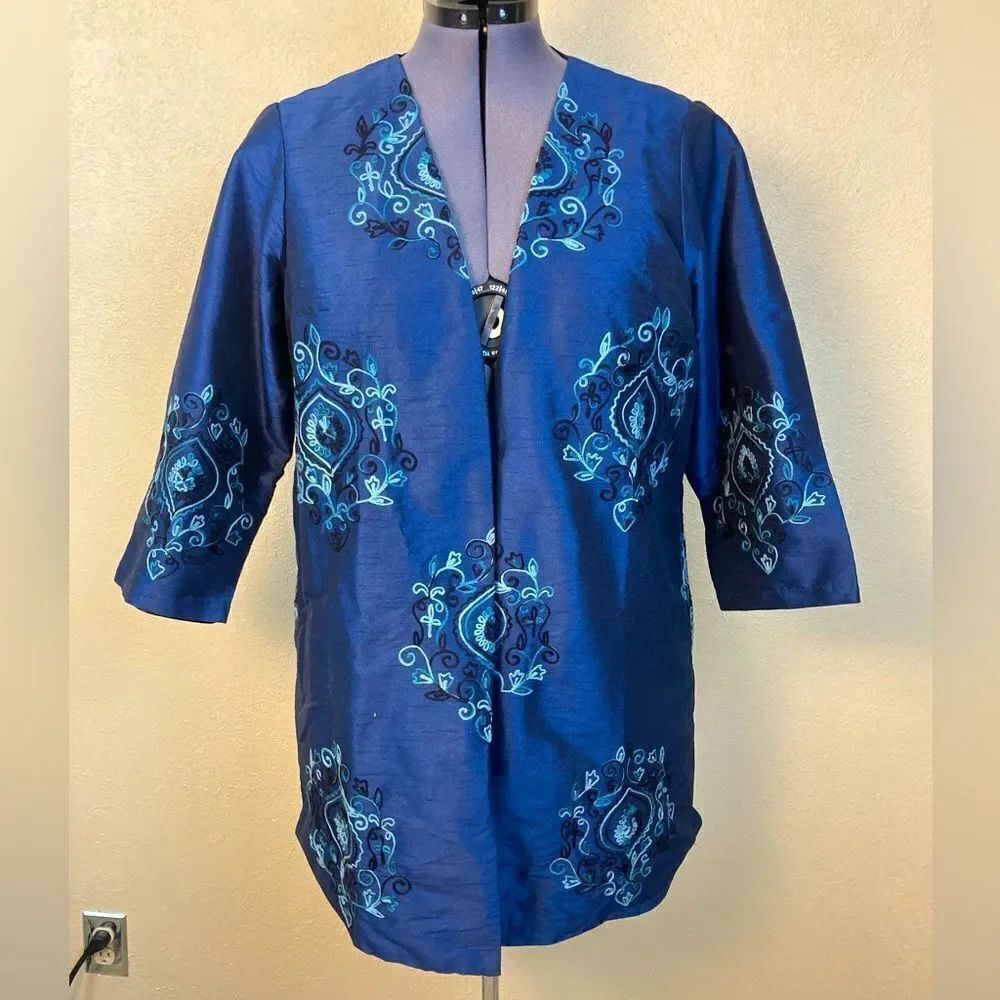Eshakti Elegant Blue Embroidered Women's open Evening Jacket w/ pockets